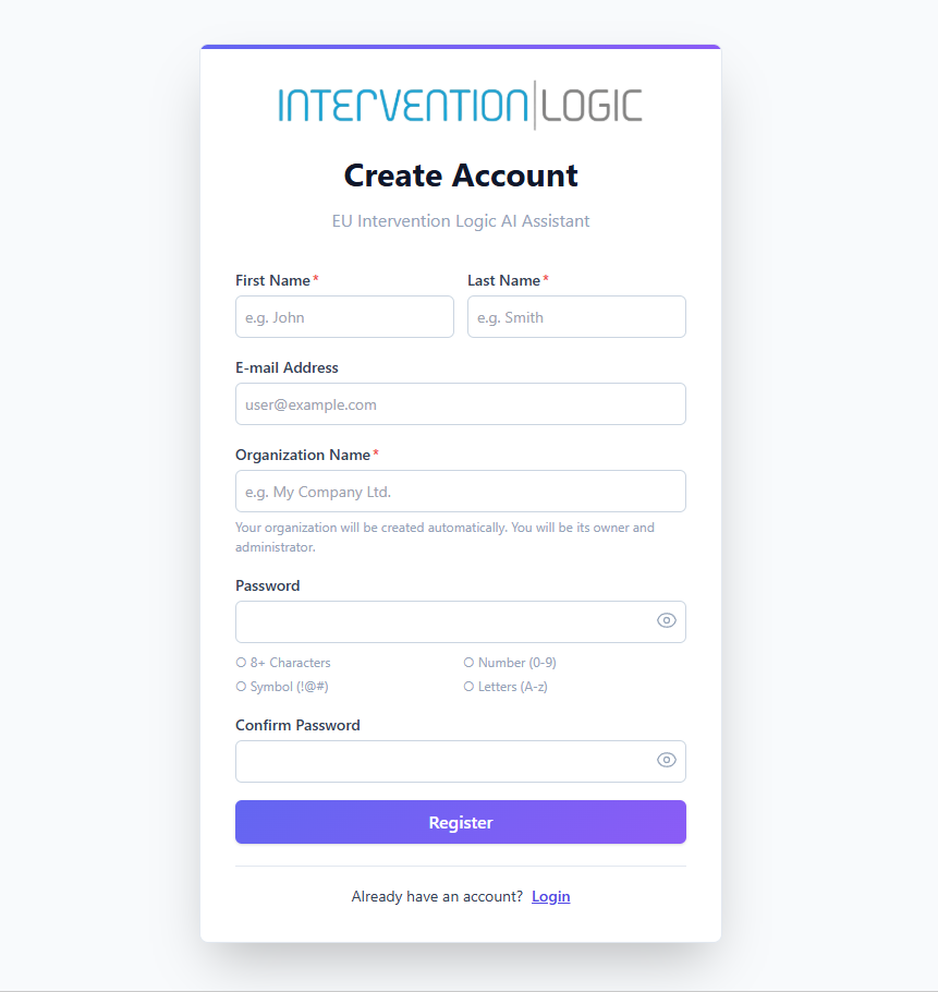 Registration screen